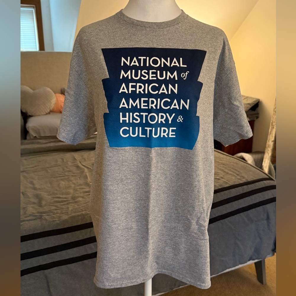 Gray Graphic T-Shirt with Blue Museum Design